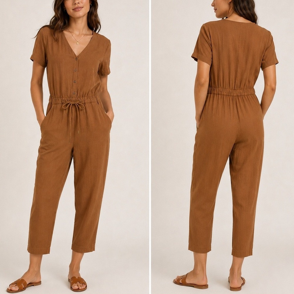 Bridge &‎ Burn XS Rust Brown Linen Blend Jumpsuit Minimalist Coastal Boho Summer